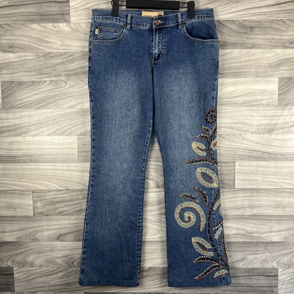 Crest Jeans Denim Pants Womens 15 Blue Bootcut Medium‎ Wash Mid Rise Embroidered